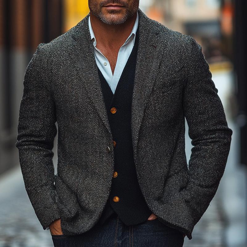 Men's Vintage Herringbone Button Blazer 9879658037432