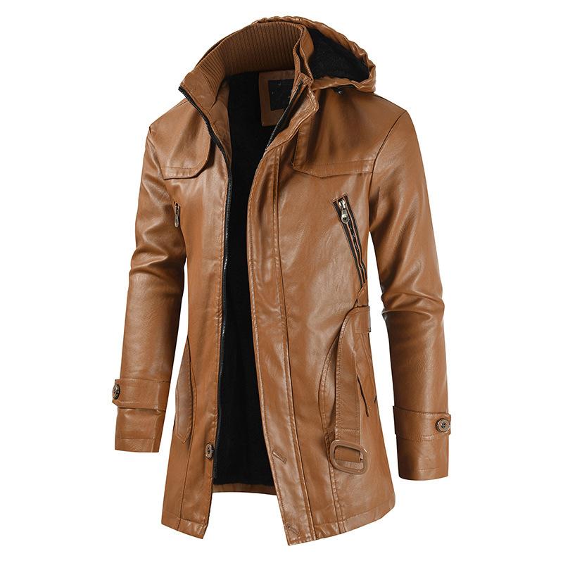 Men's Vintage Hooded Mid Length Leather Coat 9261101908152