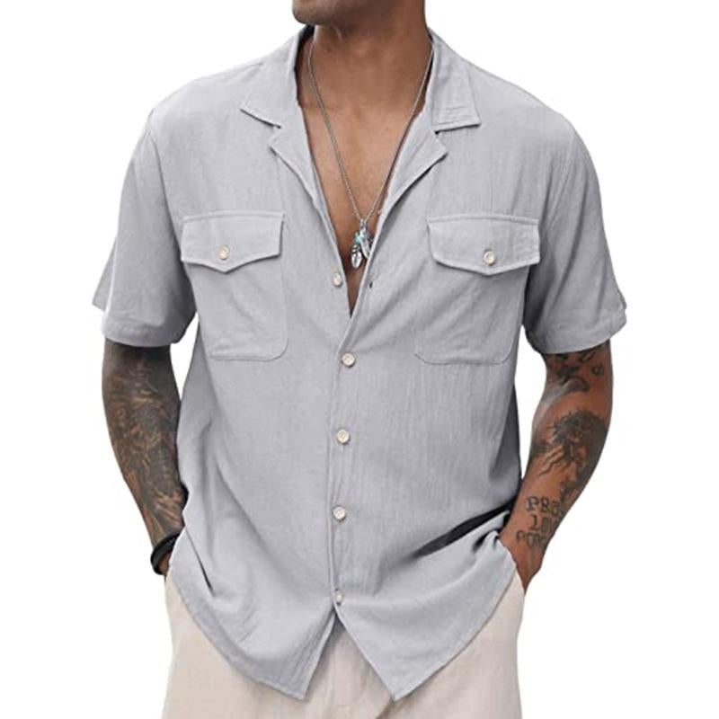Men's Casual Solid Color Breathable Double Pocket Short Sleeve Shirt 9261825818808