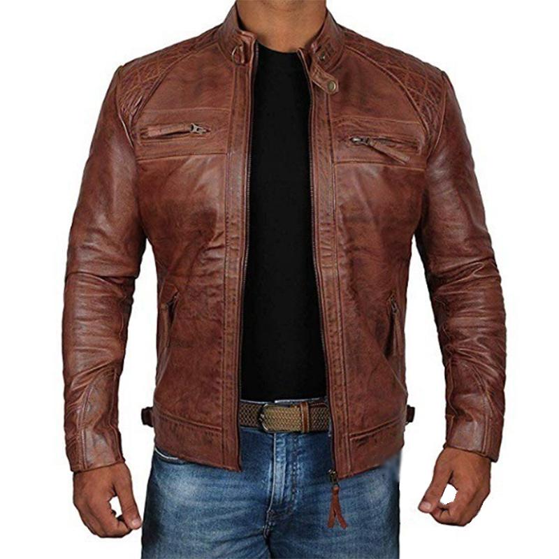 Men's Vintage Stand Collar Zipper Slim Fit Leather Biker Jacket 9261085032632