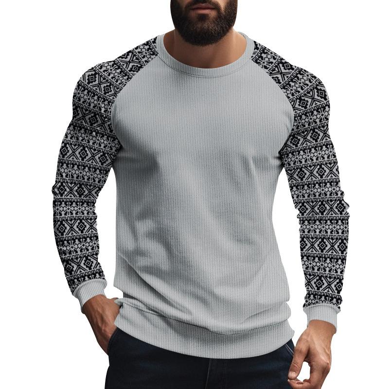 Men's Casual Waffle Print Patchwork Slim Fit Long Sleeve T-shirt 9261143589048