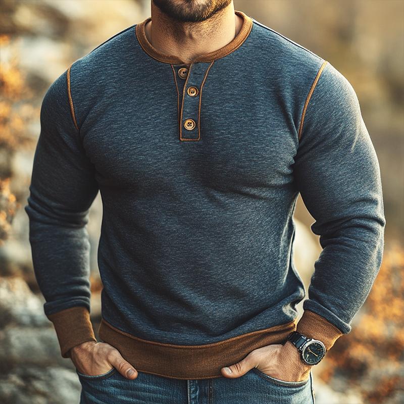 Men's Retro Casual Colorblock Henley Collar Long Sleeve T-Shirt 9873518198968