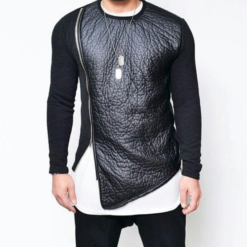 Men's Leather Stitching Zip-up Round Neck Long-sleeved T-shirt 9273155682488