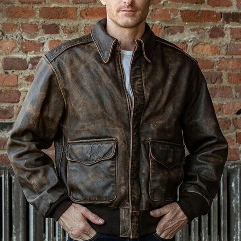 Men's Vintage Distressed Zipper Leather Jacket 9268190118072