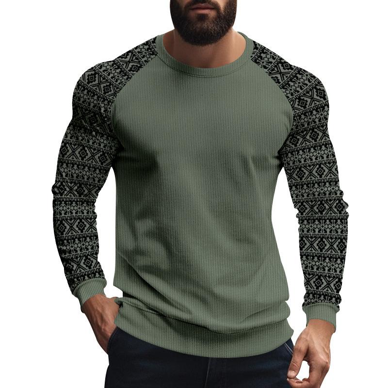 Men's Casual Waffle Print Patchwork Slim Fit Long Sleeve T-shirt 9261143589048