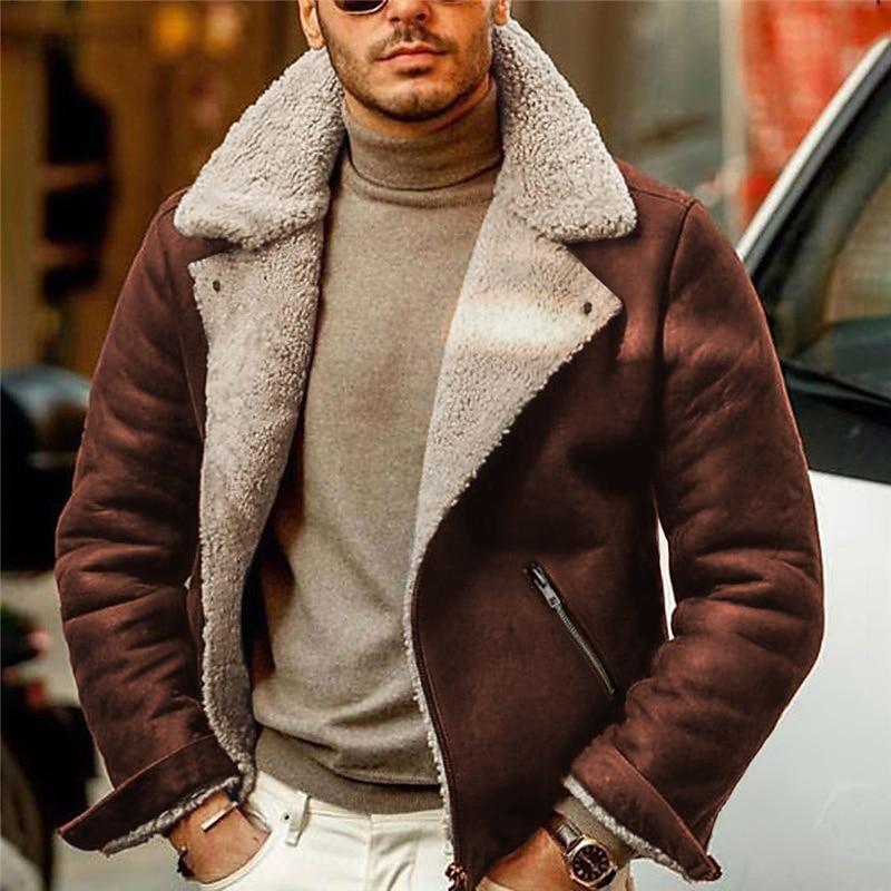 Men's Solid Lapel Plush Zip-Up Jacket 9261091684536