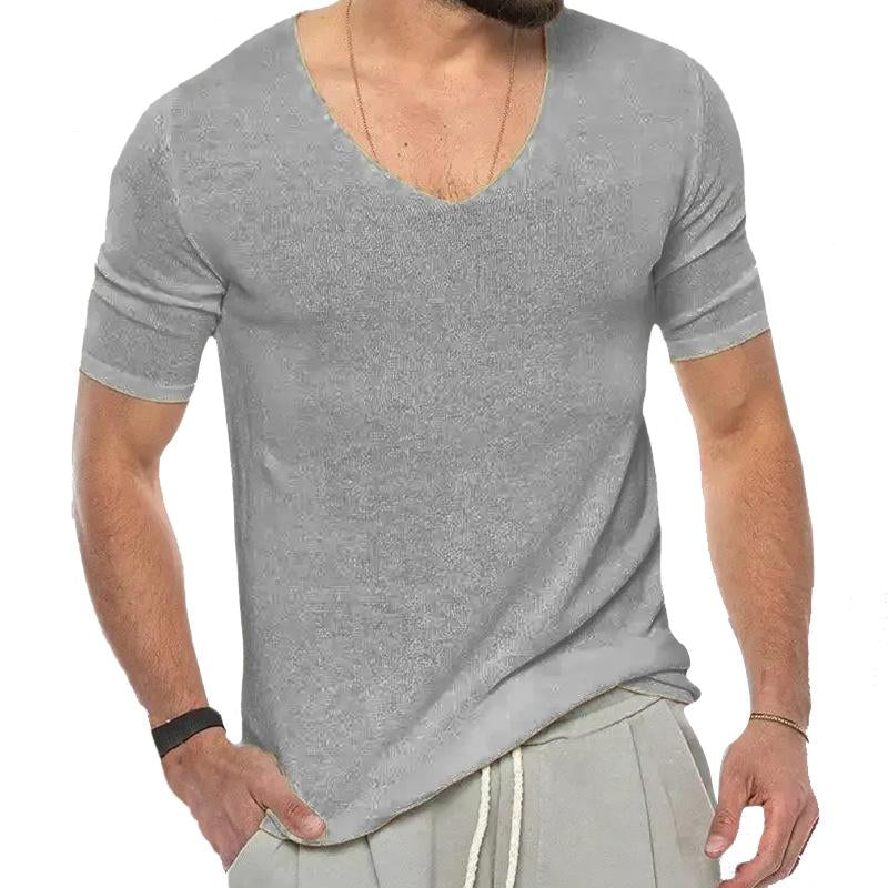 Men's Casual Solid Color V -Neck Short -Sleeved Knit Sweater 9262176829624