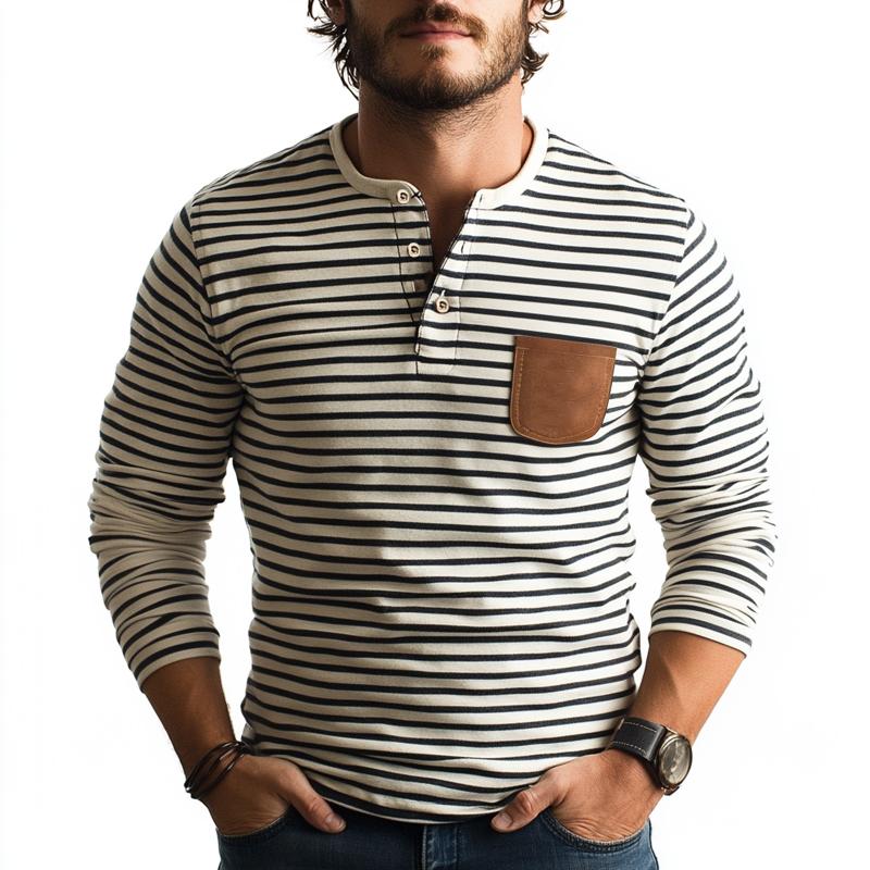 Men's Casual Striped Henley Collar PU Patch Pocket Slim Fit T-Shirt 9261137592504