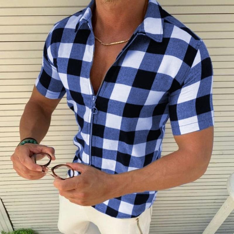 Men's Lapel Plaid Print Zipper Cardigan Short-sleeved T-shirt 9261796524216