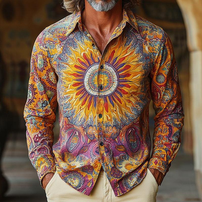 Men's Retro Casual Sun God Print Lapel Long Sleeve Shirt 9884642181304