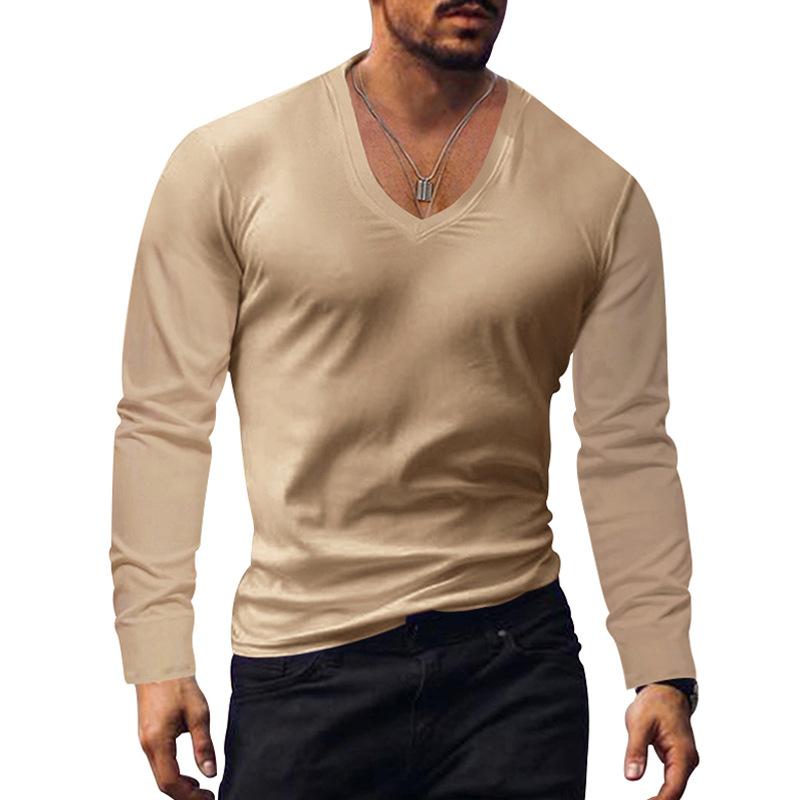 Men's Casual Solid Color V-neck Long-sleeved T-shirt 9261137395896