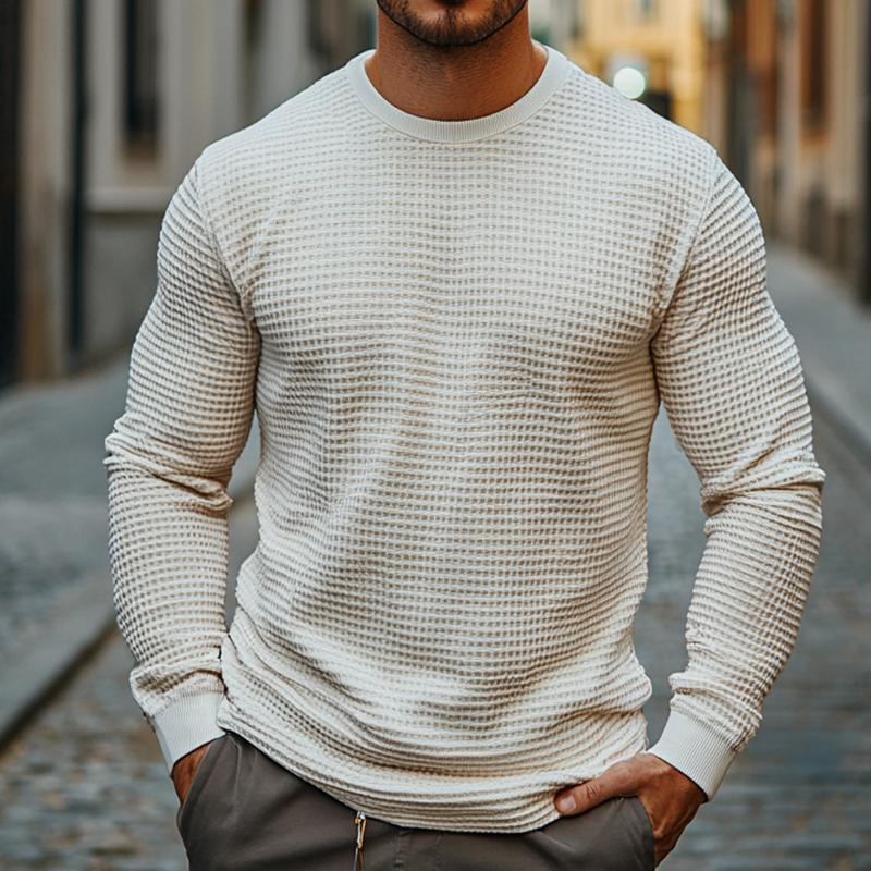Men's Retro Casual Solid Color Waffle Round Neck Long Sleeve T-Shirt 9879659184312