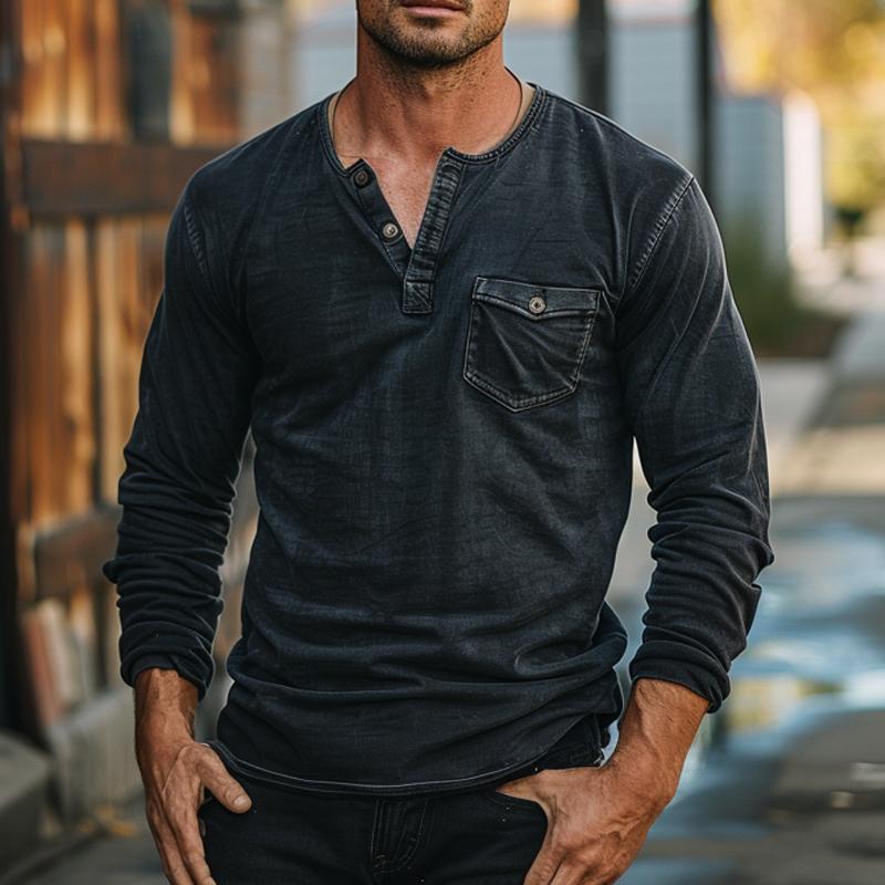 Men's Vintage Distressed Henley Collar Long Sleeve T-Shirt 9877642313912