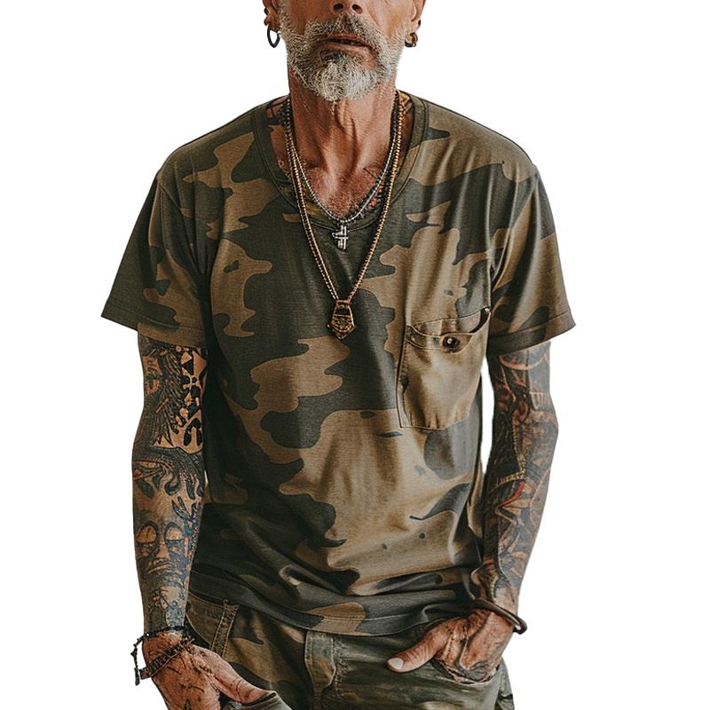 Men's Vintage Camo Print V-Neck Chest Pocket Short Sleeve T-Shirt 9261122355384