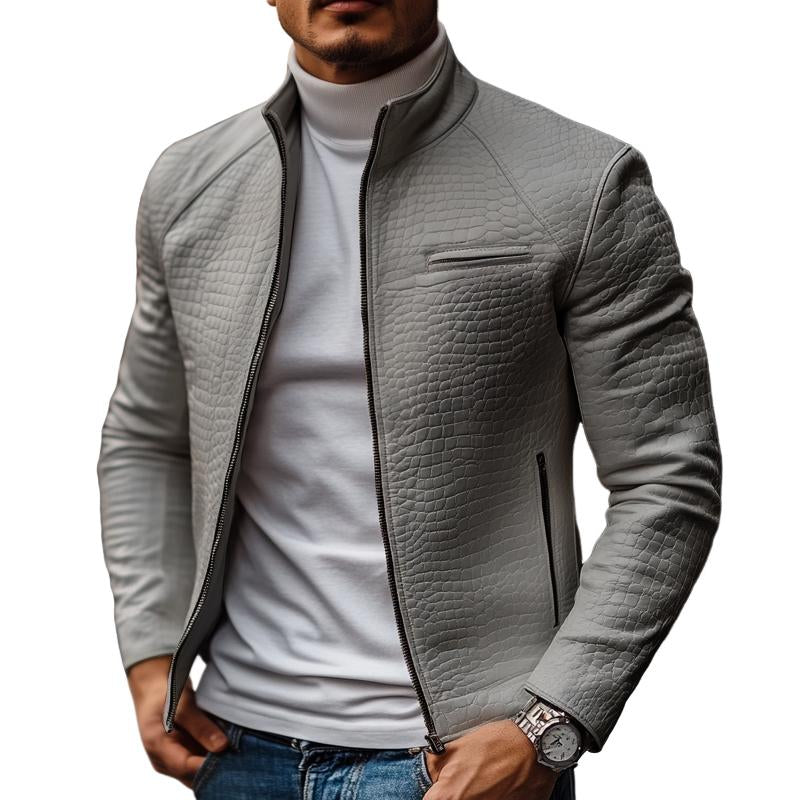 Men's Vintage Stone Leather Stand Collar Slim Jacket 9268189954232