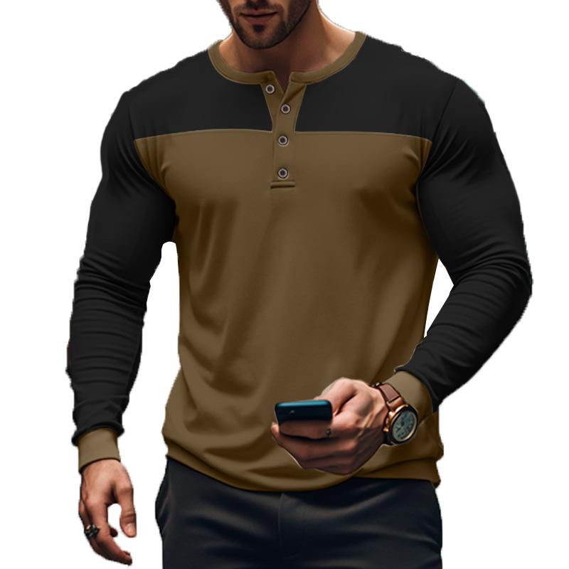 Men's Slim Fit Long Sleeve Paneled Bottoming Henley T-Shirt 9261143425208