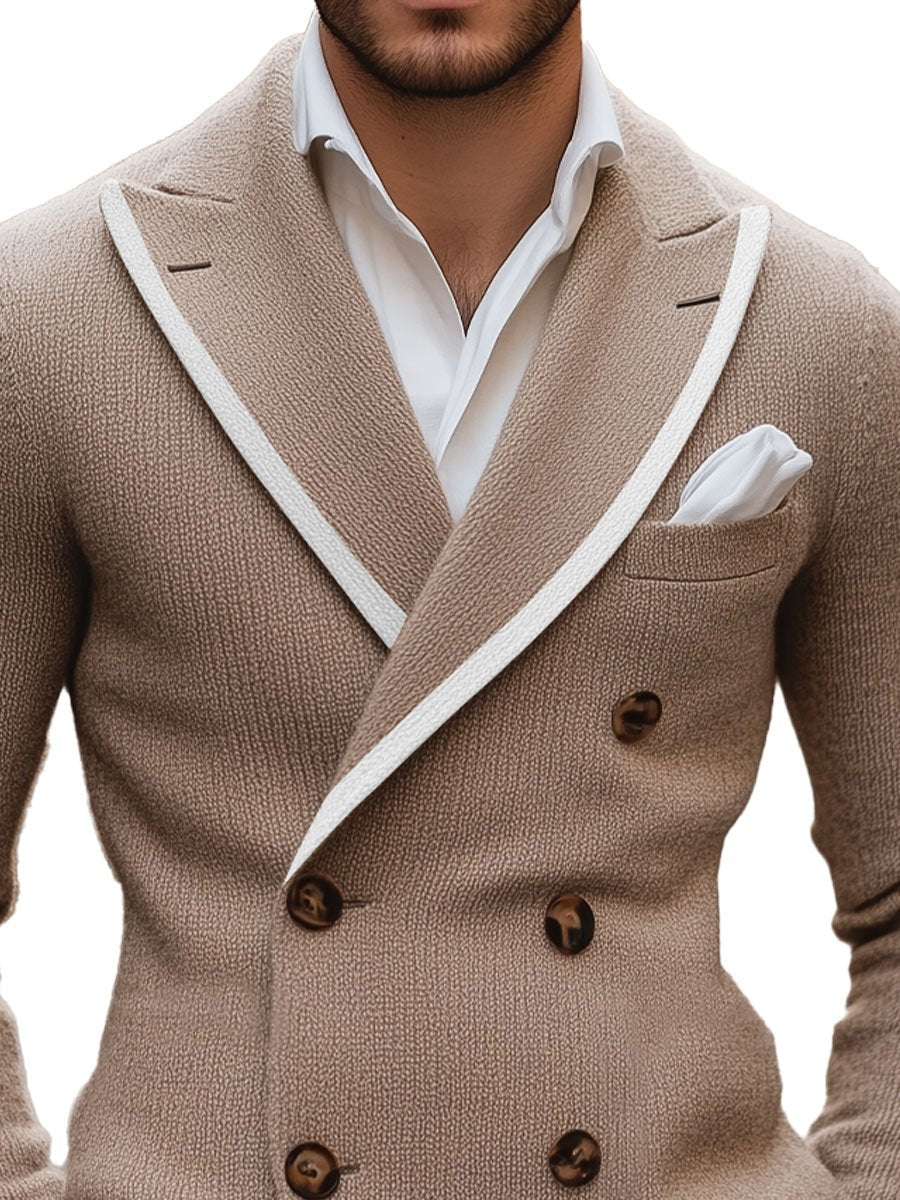 Men's Lapel Contrast Edge Double Breasted Elegant Knitted Blazer 9888736379064