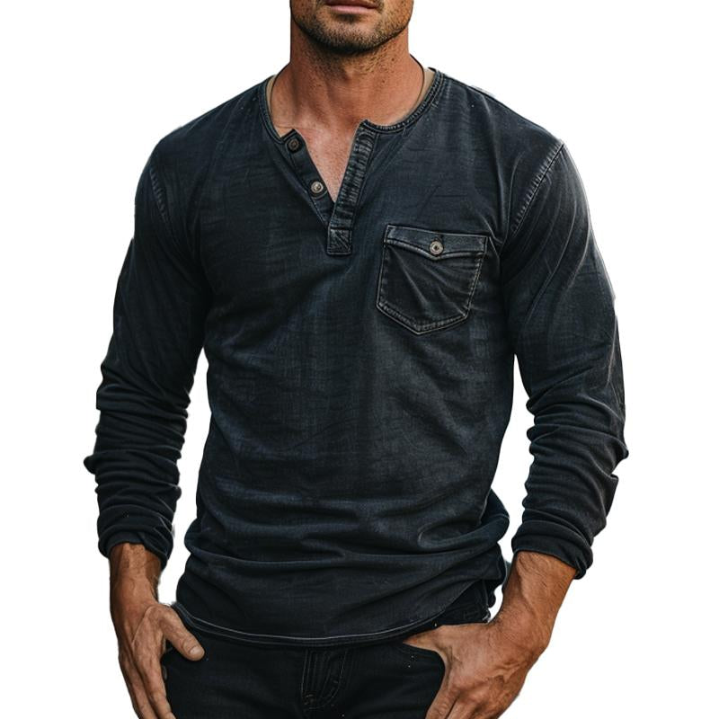 Men's Vintage Distressed Henley Collar Long Sleeve T-Shirt 9877642313912