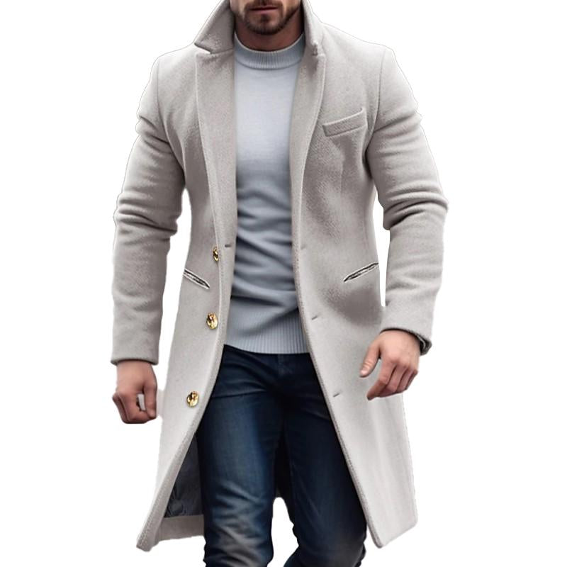 Men'S Vintage Solid Color Long Woolen Single-Breasted Lapel Coat 9261101121720