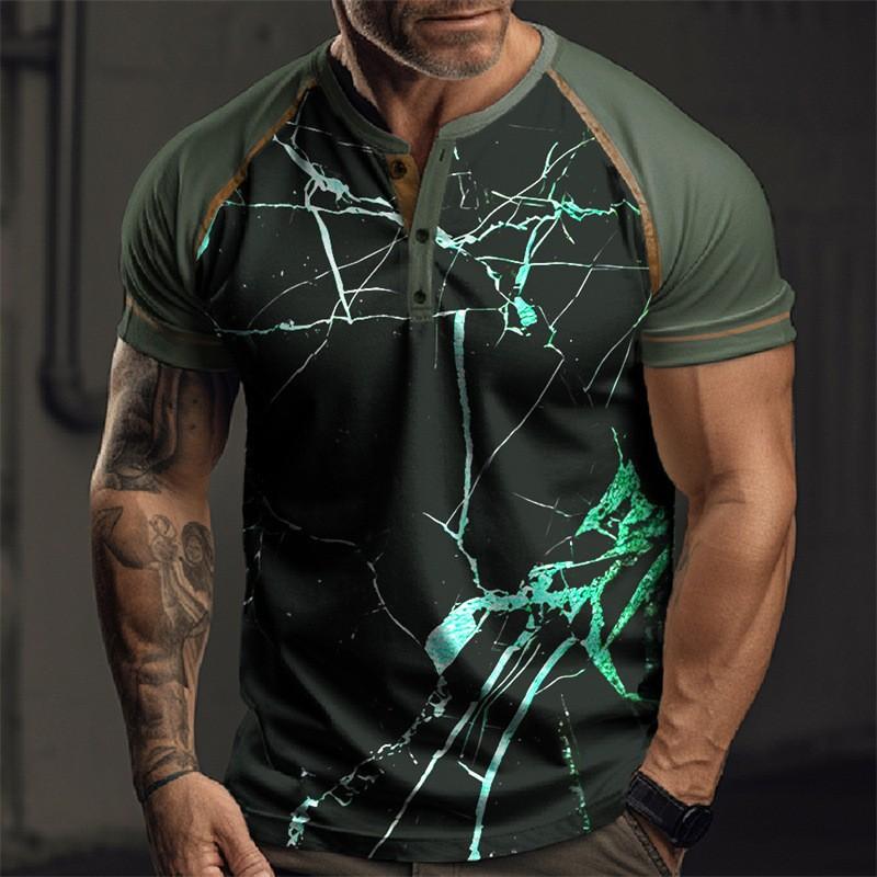 Men's Colorblock Print Loose Short Sleeve Henley T-Shirt 9261144473784