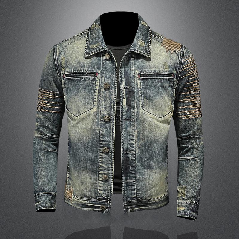 Men's Vintage Washed Lapel Slim Fit Denim Motorcycle Jacket 9261088932024