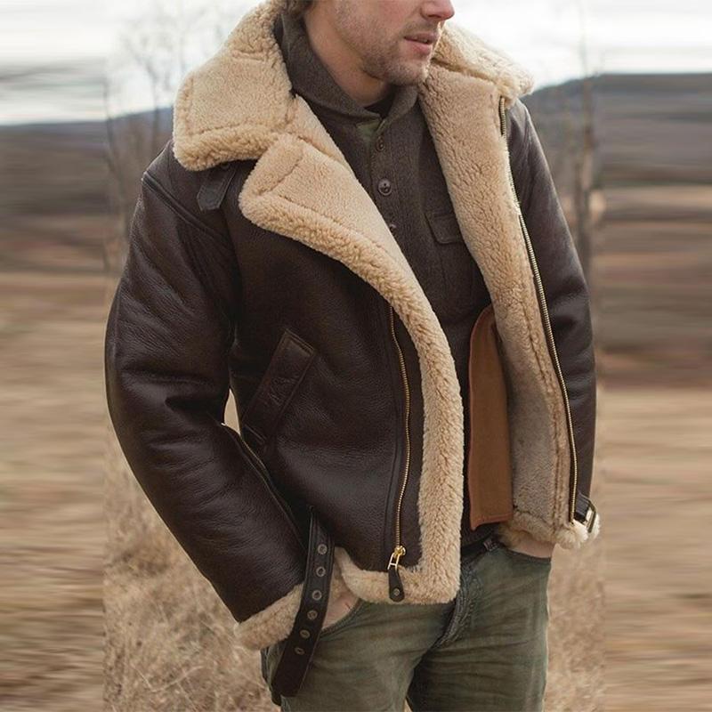 Men's Casual Lapel Warm Long Sleeve Faux Leather Coat 9261101547704