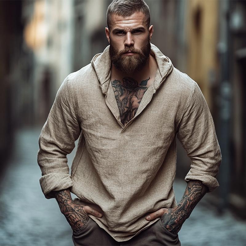 Men's Retro Casual Solid Color Cotton and Linen Hooded Long Sleeve Shirt 9879659217080