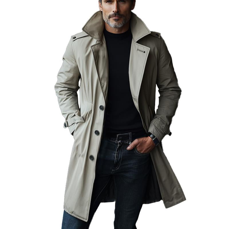 Men's Solid Color Casual Lapel Long Trench Coat 9879142858936