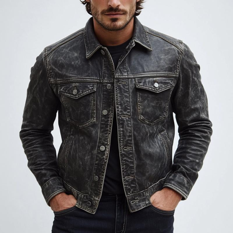 Men's Vintage Distressed Button Leather Jacket 9272270225592
