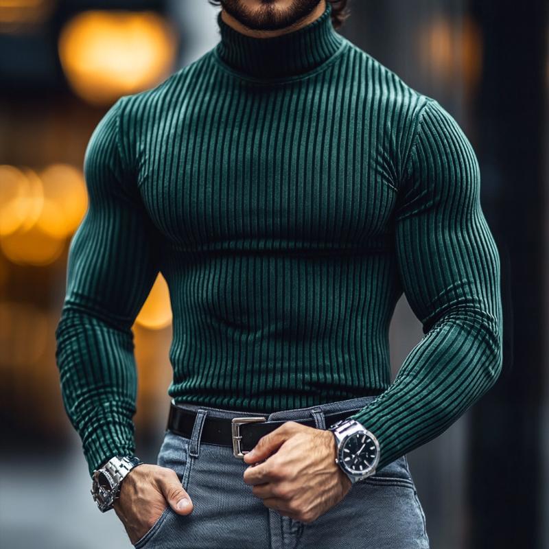 Men's Retro Casual Striped High Neck Long Sleeve T-Shirt 9886819549368