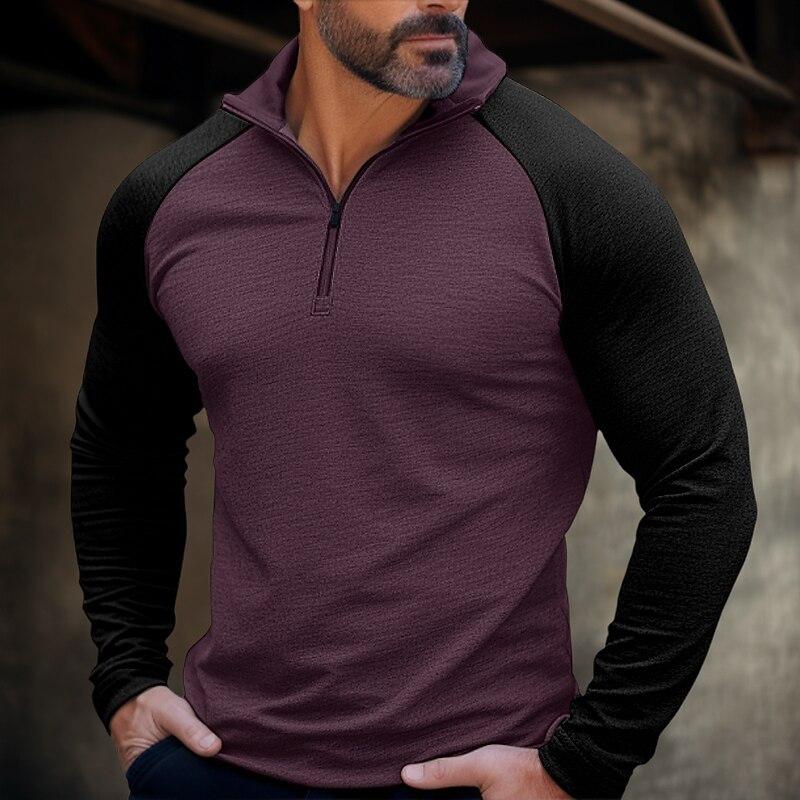 Men's Casual Half-Zip High-Neck Color Matching Raglan Sleeves T-Shirt 9268189135032