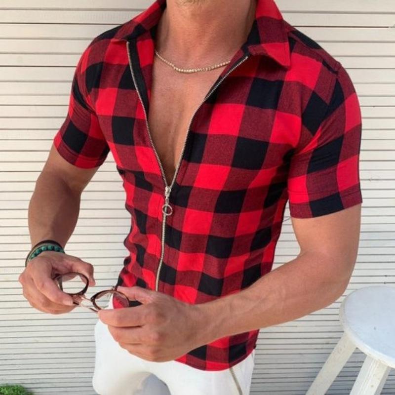 Men's Lapel Plaid Print Zipper Cardigan Short-sleeved T-shirt 9261796524216
