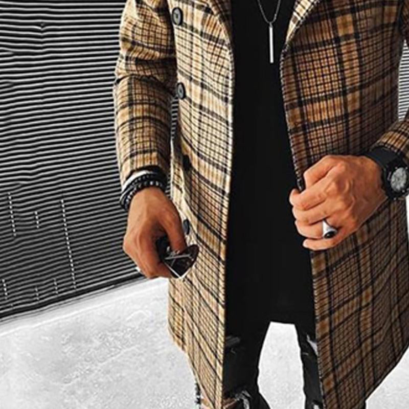 Men's Plaid Print Lapel Single Breasted Coat 9261104955576