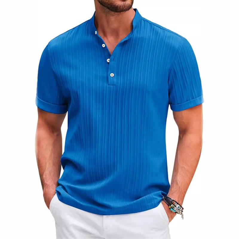 Men's Cotton And Linen Striped Henley Collar Short-Sleeved Shirt 9261793116344