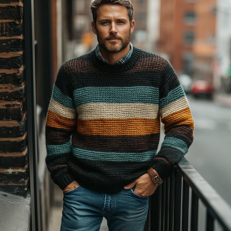 Men's Multicolor Line Crew Neck Knit Sweater 9877215150264