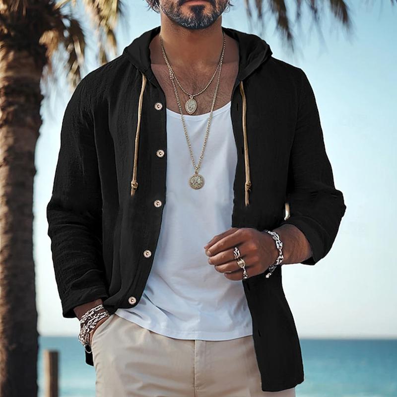 Men's Casual Cotton Linen Hooded Loose Long-sleeved Shirt 9261800980664