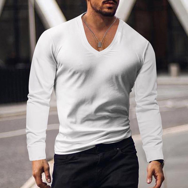Men's Casual Solid Color V-neck Long-sleeved T-shirt 9261137395896