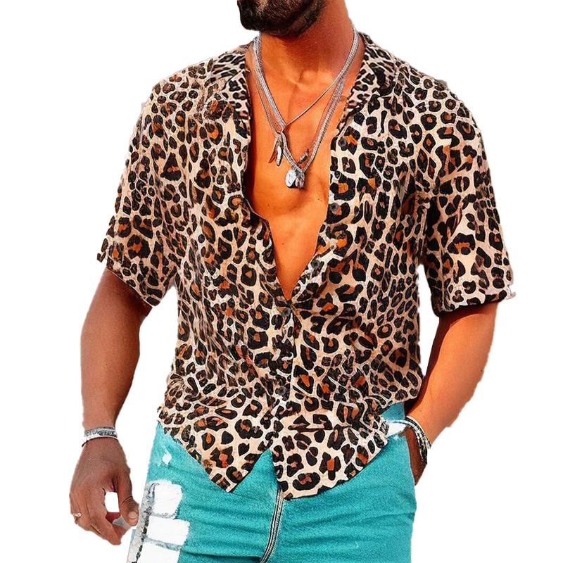Men's Leopard Print Lapel Short Sleeve Shirt 9885320872120