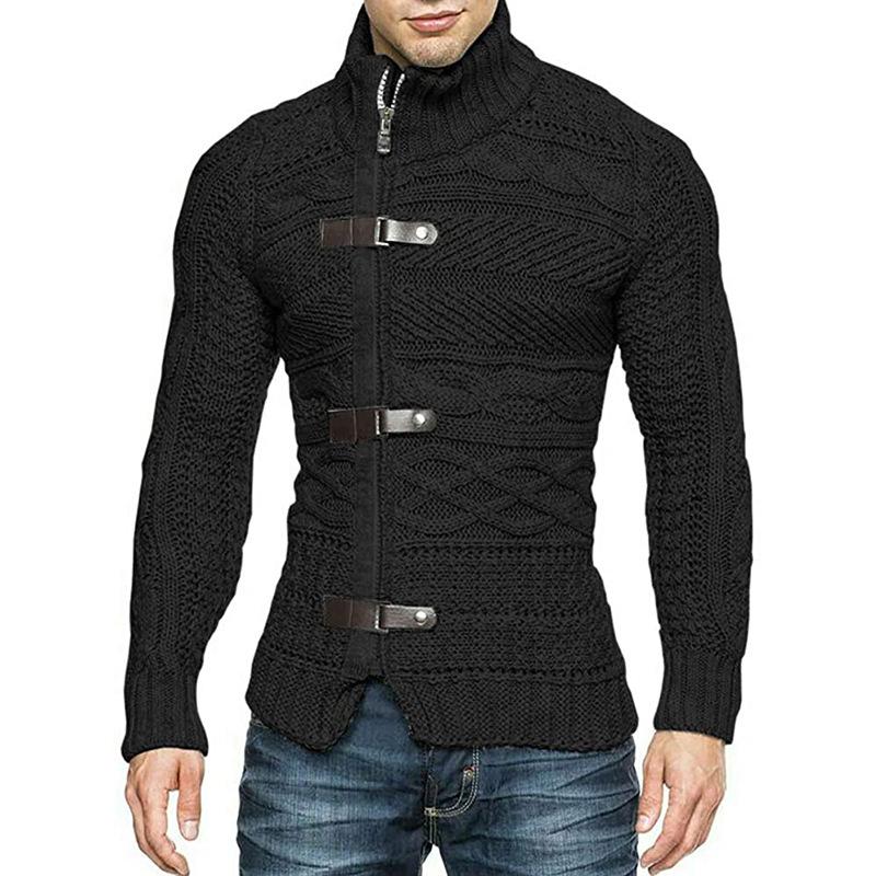 Men's Leather Button Turtleneck Long Sleeve Knitwear Jacket 9262176960696