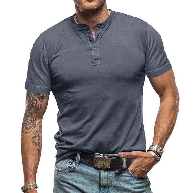 Men's Vintage Solid Color Short Sleeve Henley Neck T-Shirt 9261138870456