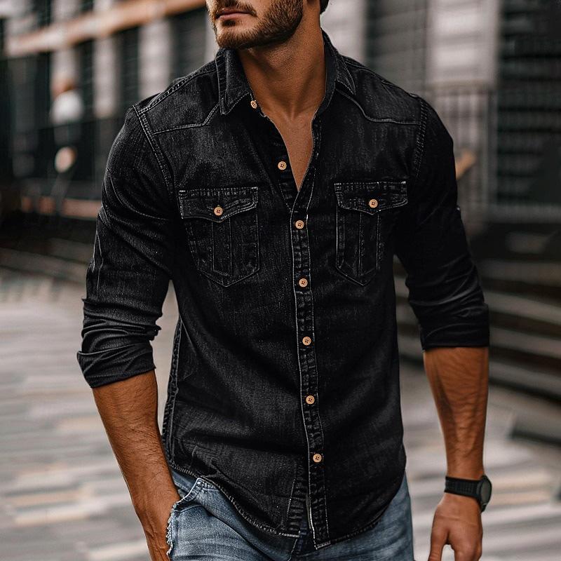 Men's Vintage Washed Distressed Denim Lapel Shirt 9261796753592