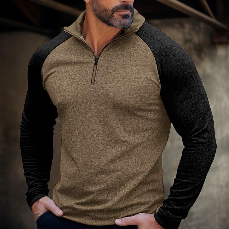 Men's Casual Half-Zip High-Neck Color Matching Raglan Sleeves T-Shirt 9268189135032