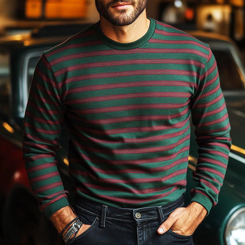 Men's Retro Casual Striped Printed Round Neck Long Sleeve T-Shirt 9880235868344