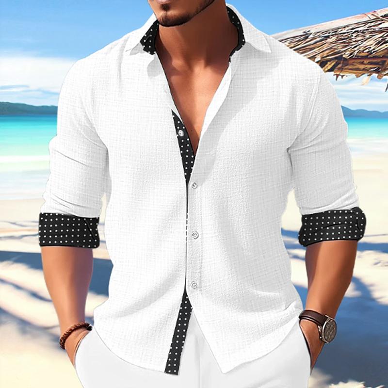 Men's Casual Polka Dot Print Paneled Lapel Long Sleeve Shirt 9261778632888