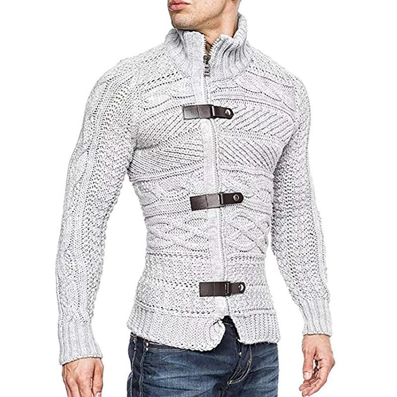 Men's Leather Button Turtleneck Long Sleeve Knitwear Jacket 9262176960696