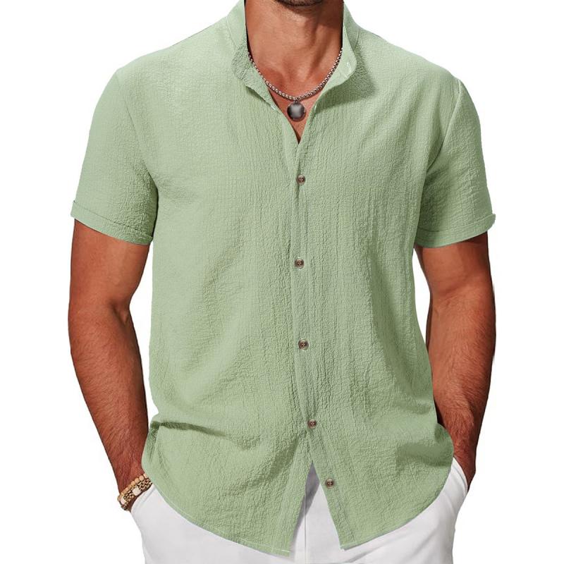 Herren Casual Baumwolle Leinen Stehkragen Einreihig Kurzarmhemd 19700465M