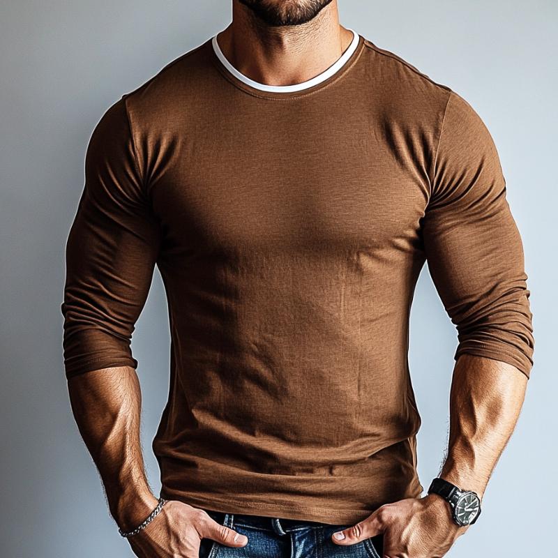 Men's Retro Casual Solid Color Round Neck Long Sleeve T-Shirt 9273156206776