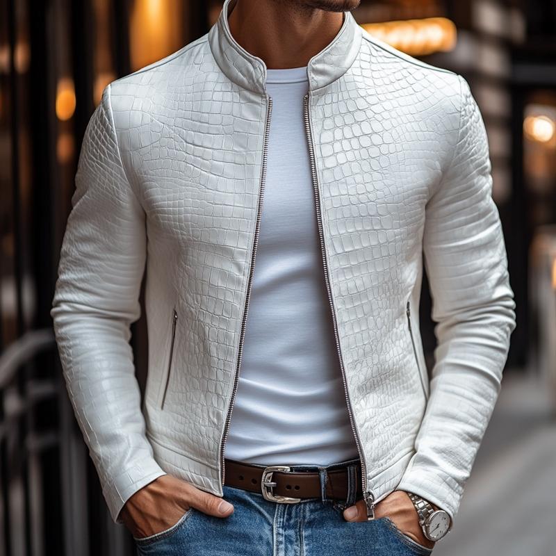 Men's Fashion Stone Pattern Stand Collar Zipper Slim Fit Leather Jacket 9269591474360