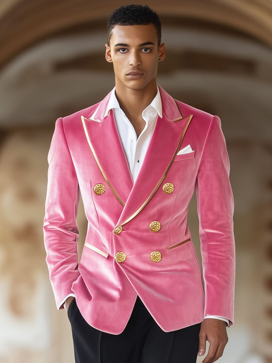 Men's Contrast Pink Velvet Double-Breasted Vintage Blazer 9888736346296