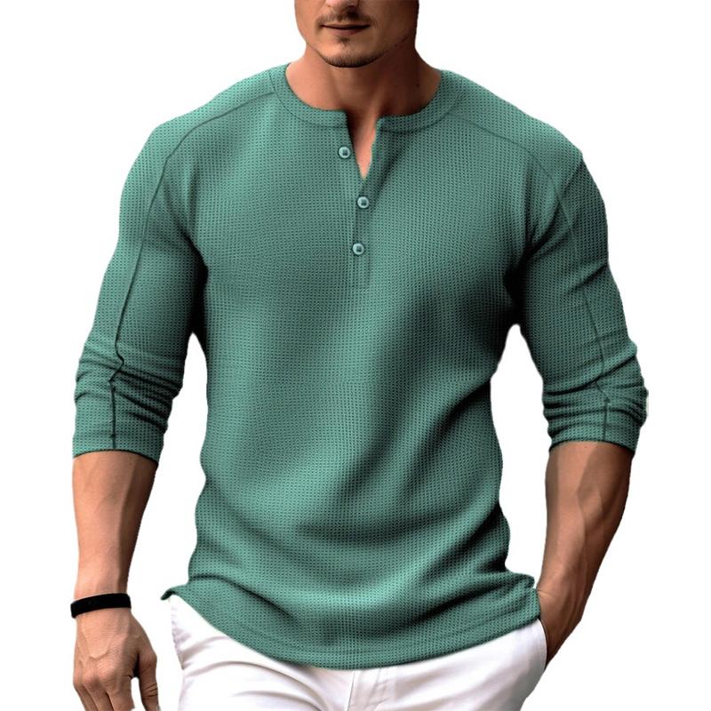 Men's Solid Waffle Long Sleeve Henley Collar T-Shirt 9261128417464